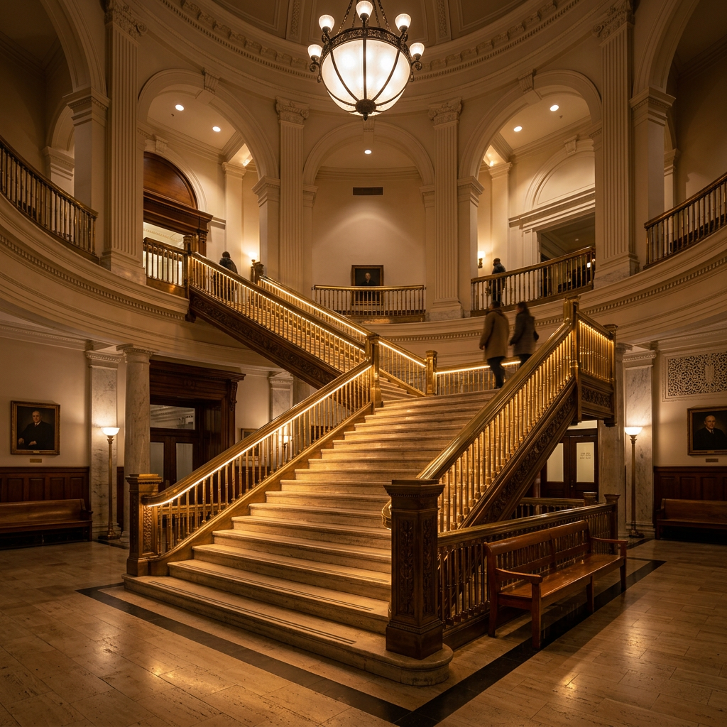 Grand staircase with illuminated handrails inside a historic building with portraits on walls