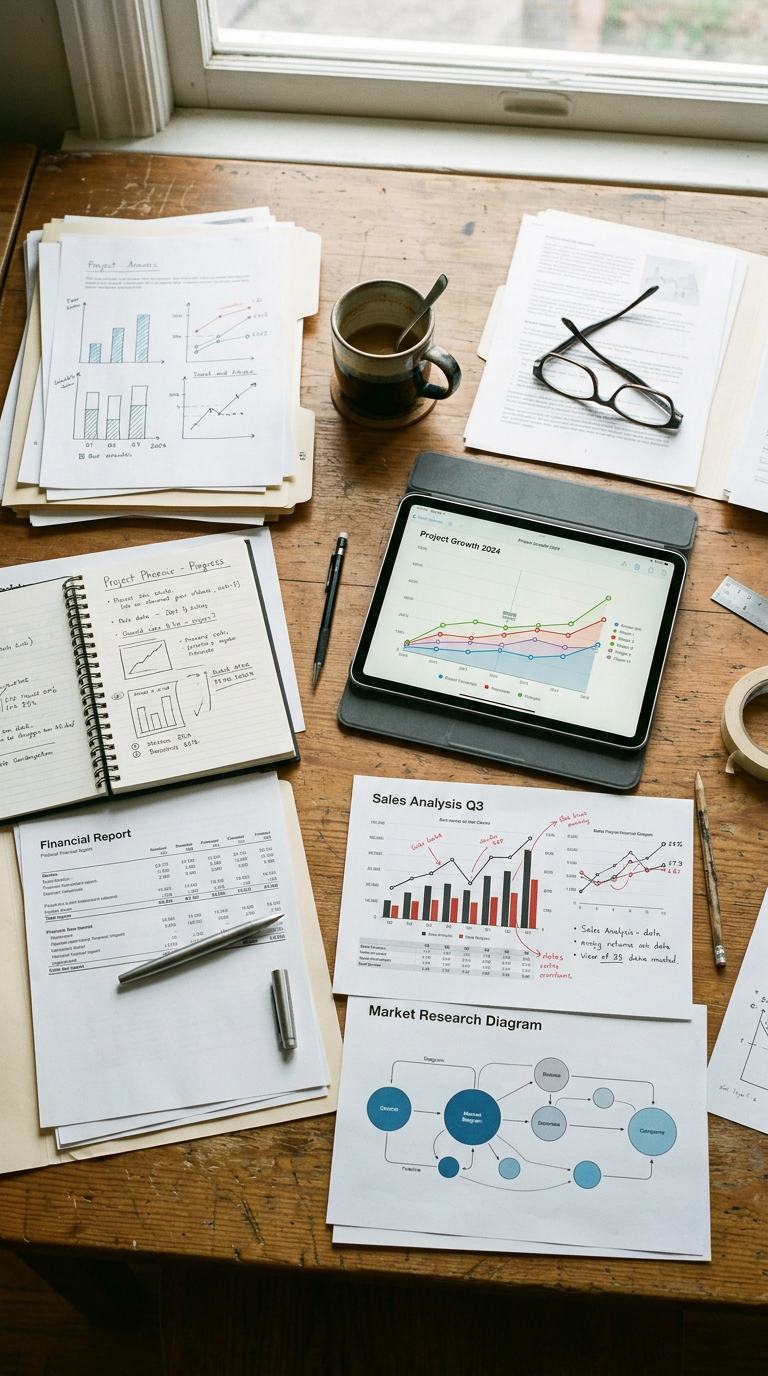 Desk with project charts, financial reports, sales analysis, tablet showing growth graph, notebook with notes, pen, glasses, and coffee cup