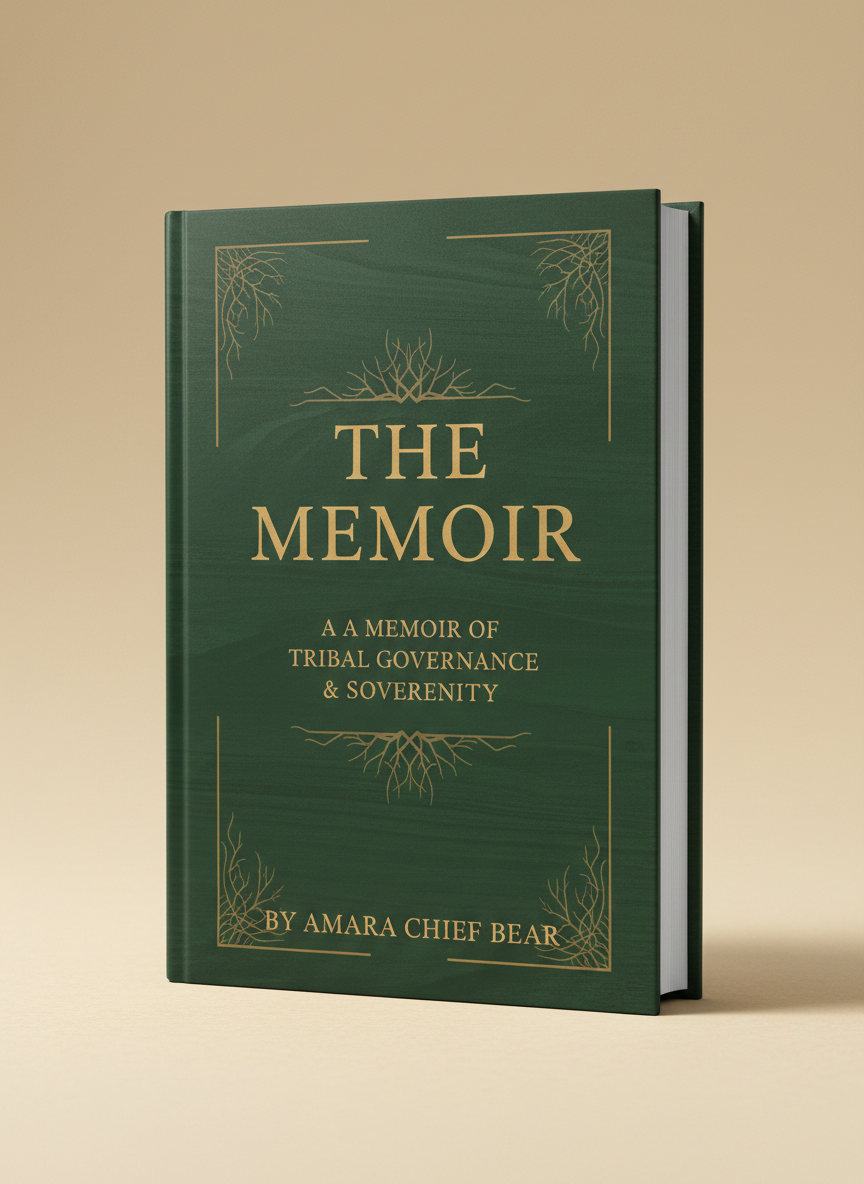 An elegant, serious literary book cover mockup for a memoir titled 'The Memoir' about tribal governance and sovereignty. Deep forest green cover with muted gold serif typography, subtle woodland grain texture, sophisticated minimalist design. The book shown as a realistic hardcover standing at a slight angle, casting a soft shadow on a warm cream background. Dignified, authoritative, culturally respectful, no people.